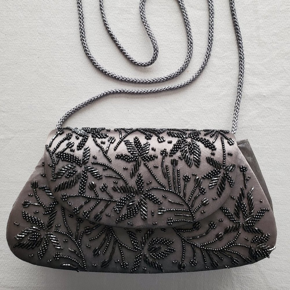 La Regale Formal Beaded Purse Gray Satin - Picture 2 of 9